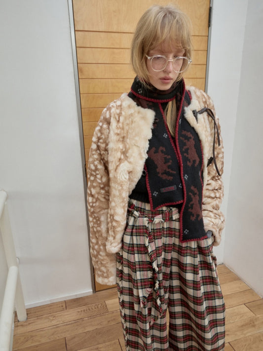 Vintage Fawn Print Otter Fur-Free Straw Horn Buckle Design Loose Plush Jacket【s0000014589】