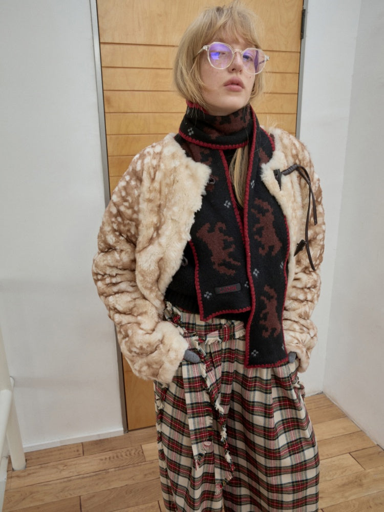 Vintage Fawn Print Otter Fur-Free Straw Horn Buckle Design Loose Plush Jacket【s0000014589】