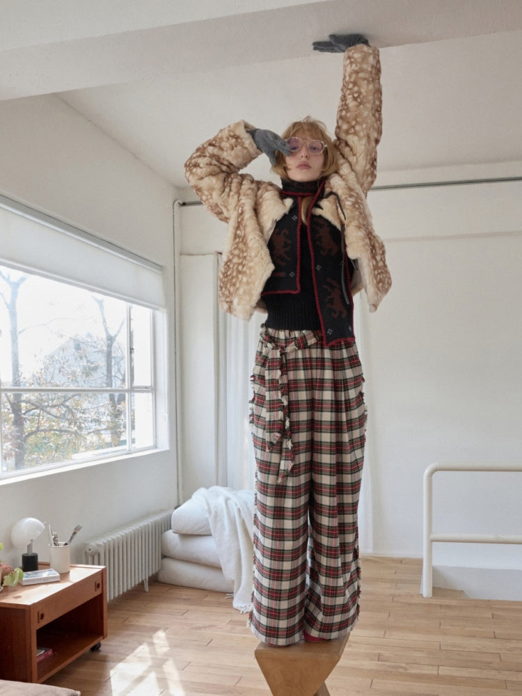 Vintage Fawn Print Otter Fur-Free Straw Horn Buckle Design Loose Plush Jacket【s0000014589】