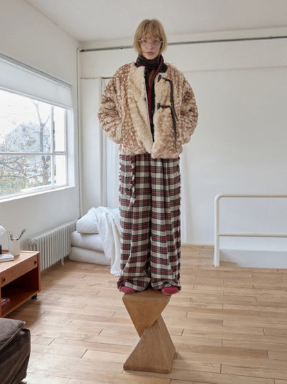 Vintage Fawn Print Otter Fur-Free Straw Horn Buckle Design Loose Plush Jacket【s0000014589】