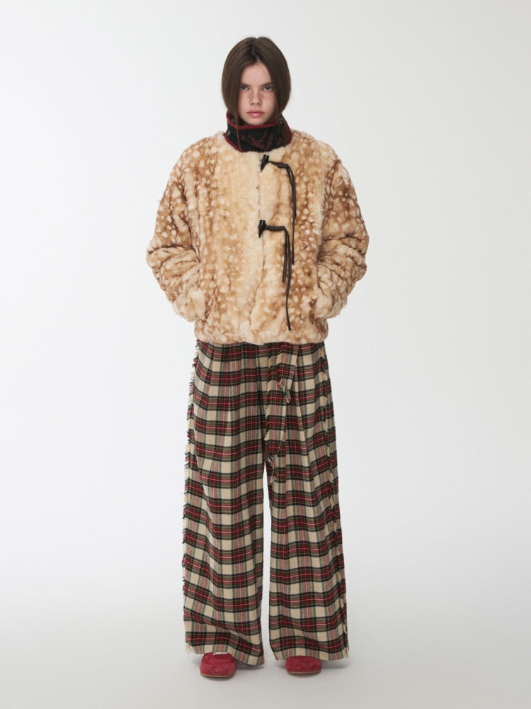 Vintage Fawn Print Otter Fur-Free Straw Horn Buckle Design Loose Plush Jacket【s0000014589】