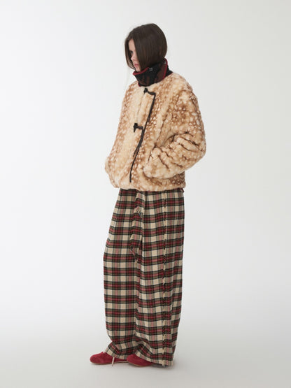 Vintage Fawn Print Otter Fur-Free Straw Horn Buckle Design Loose Plush Jacket【s0000014589】