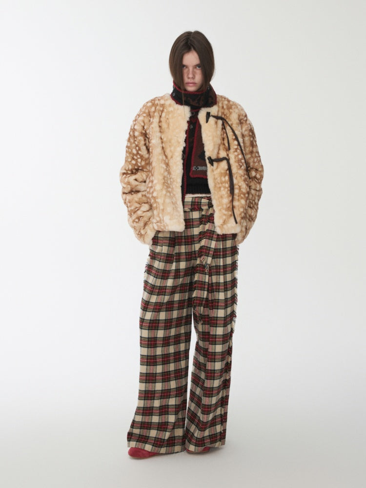 Vintage Fawn Print Otter Fur-Free Straw Horn Buckle Design Loose Plush Jacket【s0000014589】