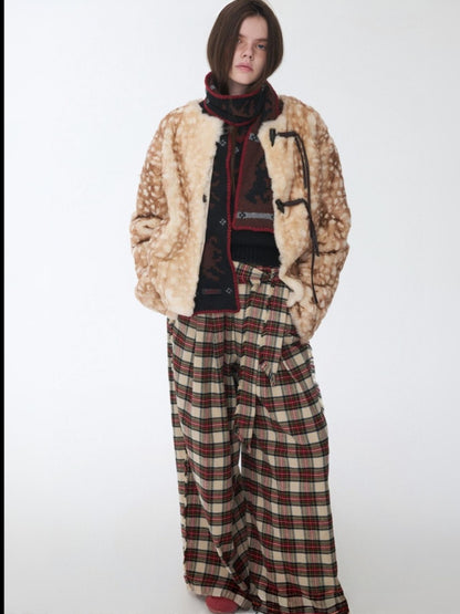 Vintage Fawn Print Otter Fur-Free Straw Horn Buckle Design Loose Plush Jacket【s0000014589】