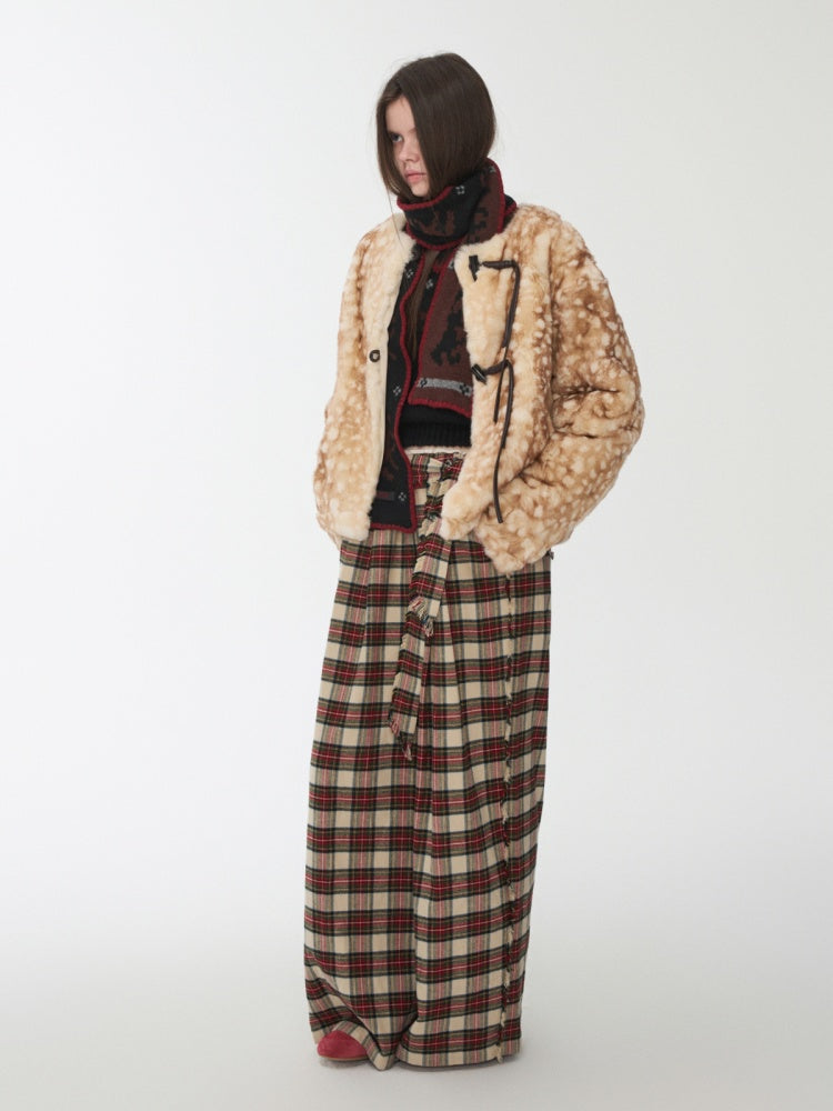 Vintage Fawn Print Otter Fur-Free Straw Horn Buckle Design Loose Plush Jacket【s0000014589】