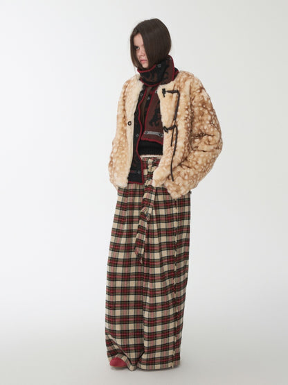 Vintage Fawn Print Otter Fur-Free Straw Horn Buckle Design Loose Plush Jacket【s0000014589】