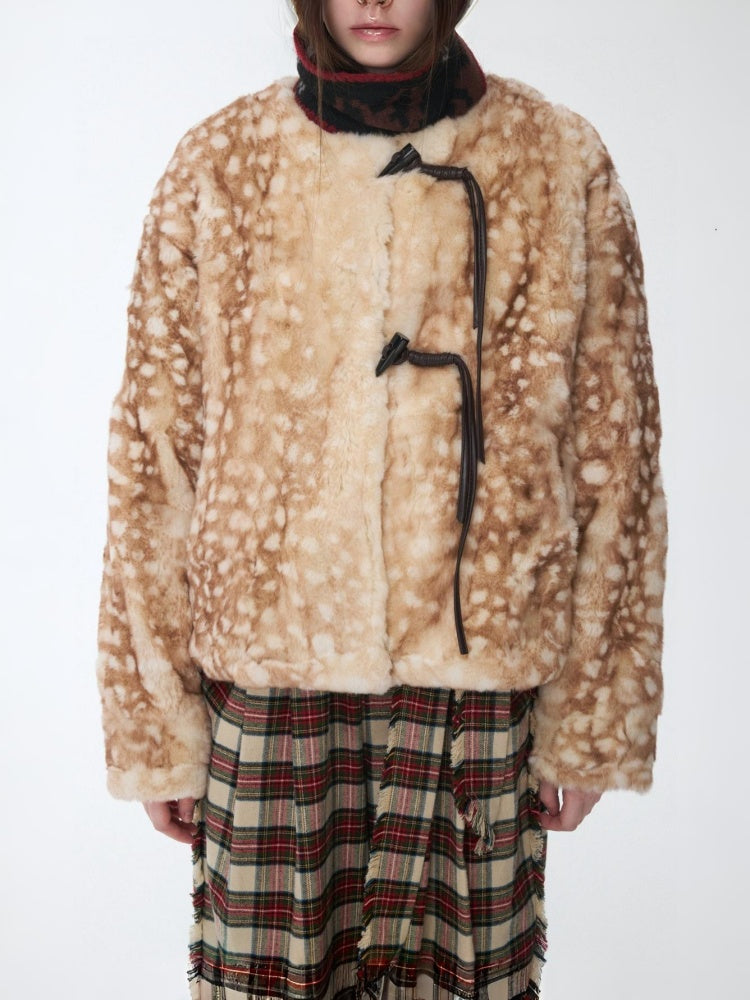 Vintage Fawn Print Otter Fur-Free Straw Horn Buckle Design Loose Plush Jacket【s0000014589】