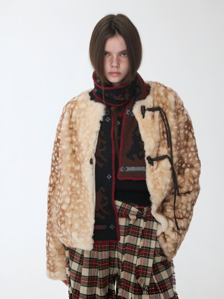 Vintage Fawn Print Otter Fur-Free Straw Horn Buckle Design Loose Plush Jacket【s0000014589】