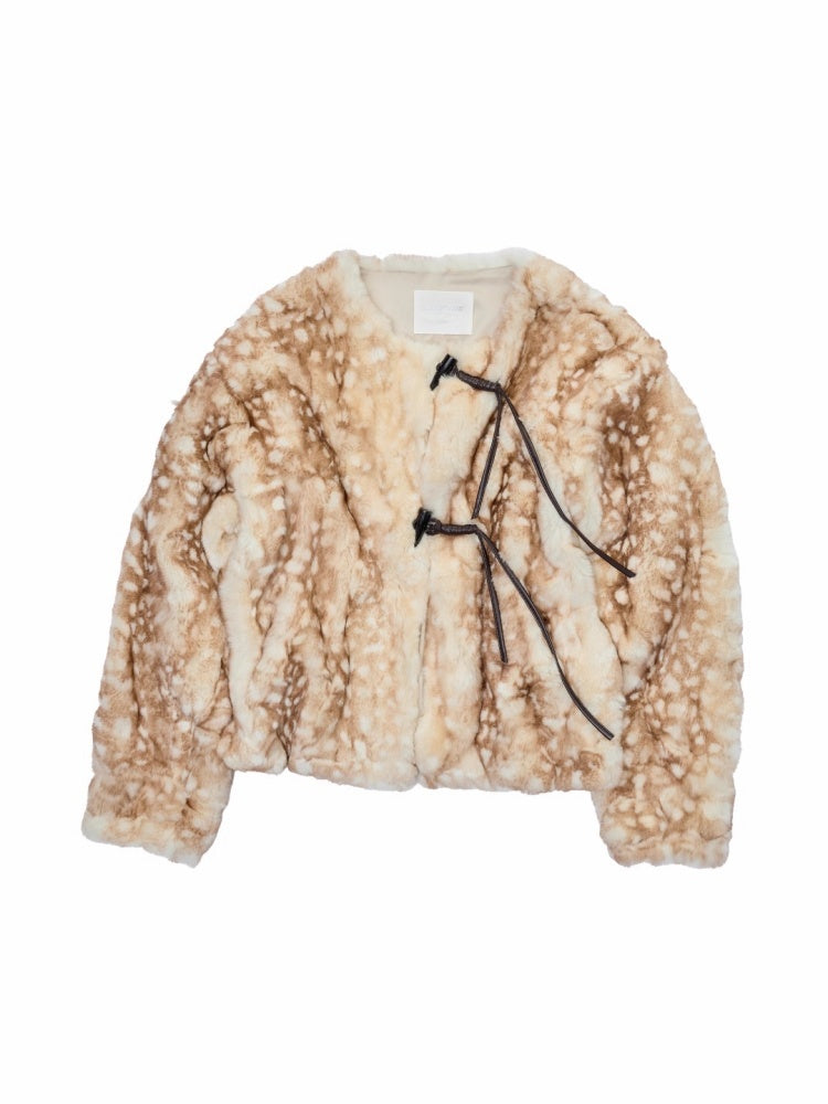 Vintage Fawn Print Otter Fur-Free Straw Horn Buckle Design Loose Plush Jacket【s0000014589】
