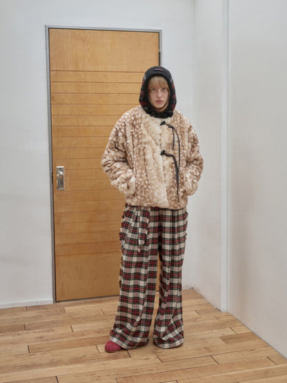 Vintage Fawn Print Otter Fur-Free Straw Horn Buckle Design Loose Plush Jacket【s0000014589】