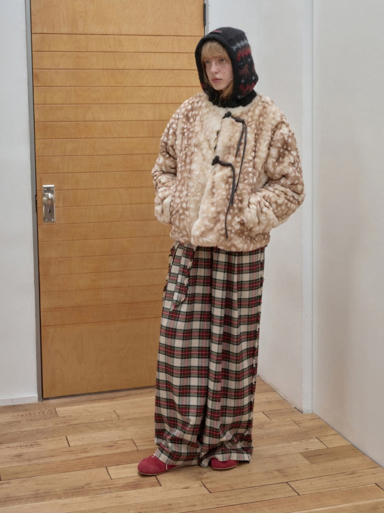 Vintage Fawn Print Otter Fur-Free Straw Horn Buckle Design Loose Plush Jacket【s0000014589】