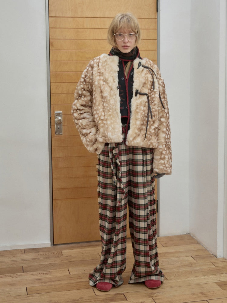 Vintage Fawn Print Otter Fur-Free Straw Horn Buckle Design Loose Plush Jacket【s0000014589】