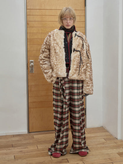 Vintage Fawn Print Otter Fur-Free Straw Horn Buckle Design Loose Plush Jacket【s0000014589】