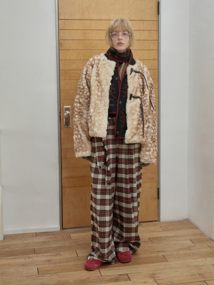 Vintage Fawn Print Otter Fur-Free Straw Horn Buckle Design Loose Plush Jacket【s0000014589】