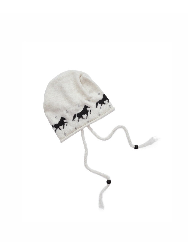 Fair Island Pony Jacquard Knit Pile Hat Female Adjustable Drawstring Cold Hat Shows Small Face【s0000014590】