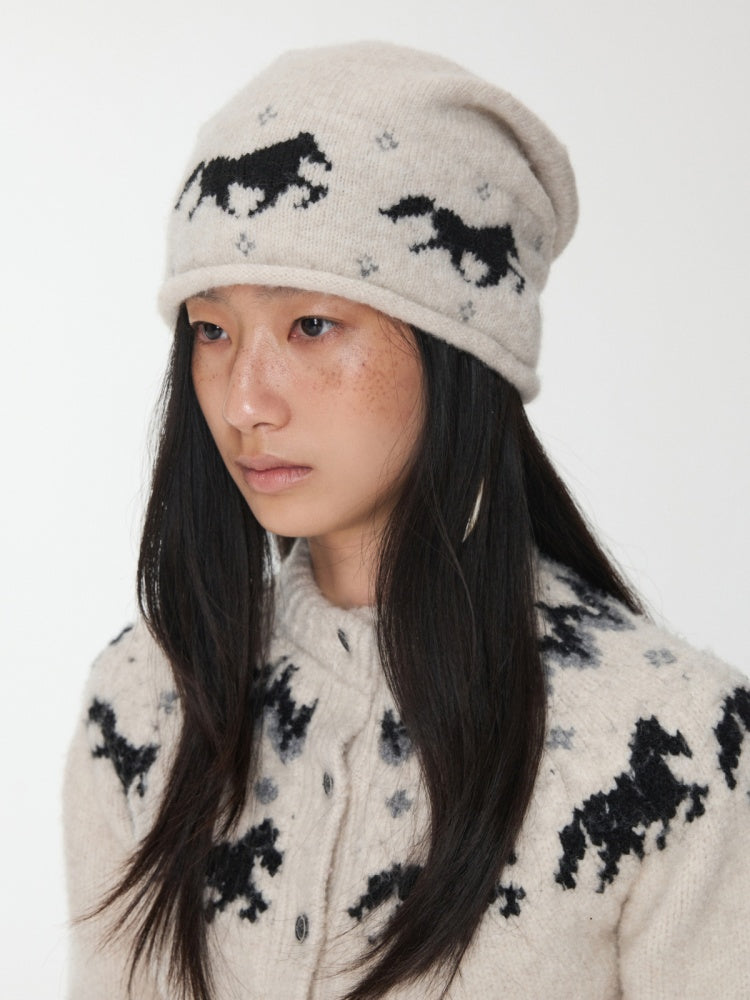 Fair Island Pony Jacquard Knit Pile Hat Female Adjustable Drawstring Cold Hat Shows Small Face【s0000014590】
