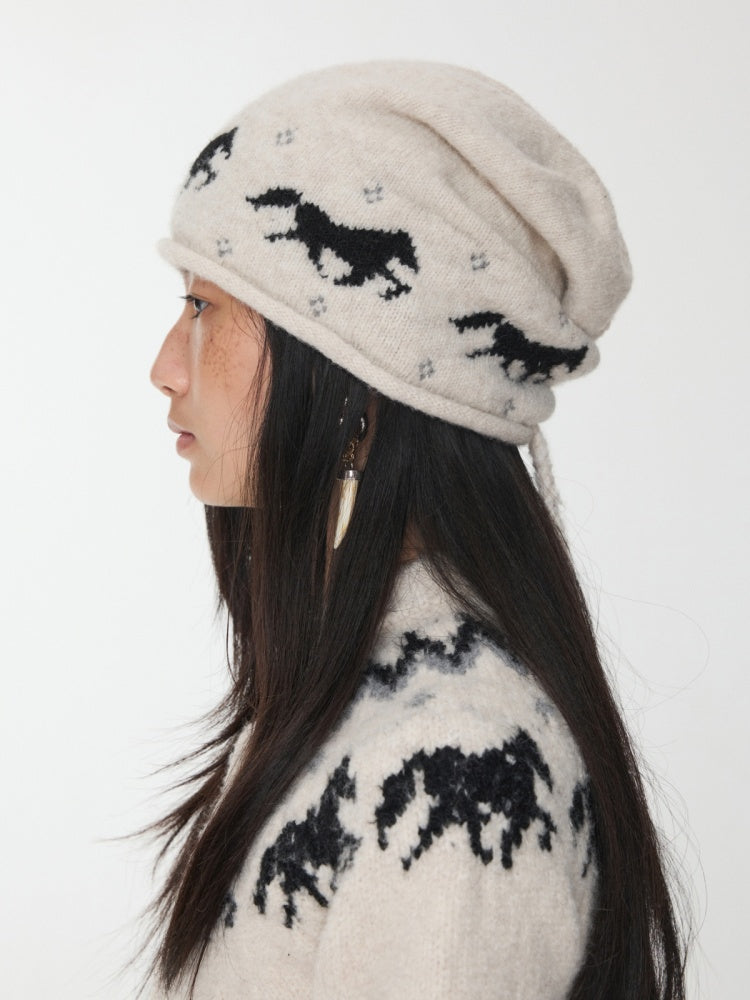 Fair Island Pony Jacquard Knit Pile Hat Female Adjustable Drawstring Cold Hat Shows Small Face【s0000014590】