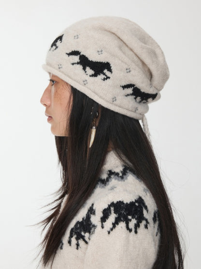 Fair Island Pony Jacquard Knit Pile Hat Female Adjustable Drawstring Cold Hat Shows Small Face【s0000014590】