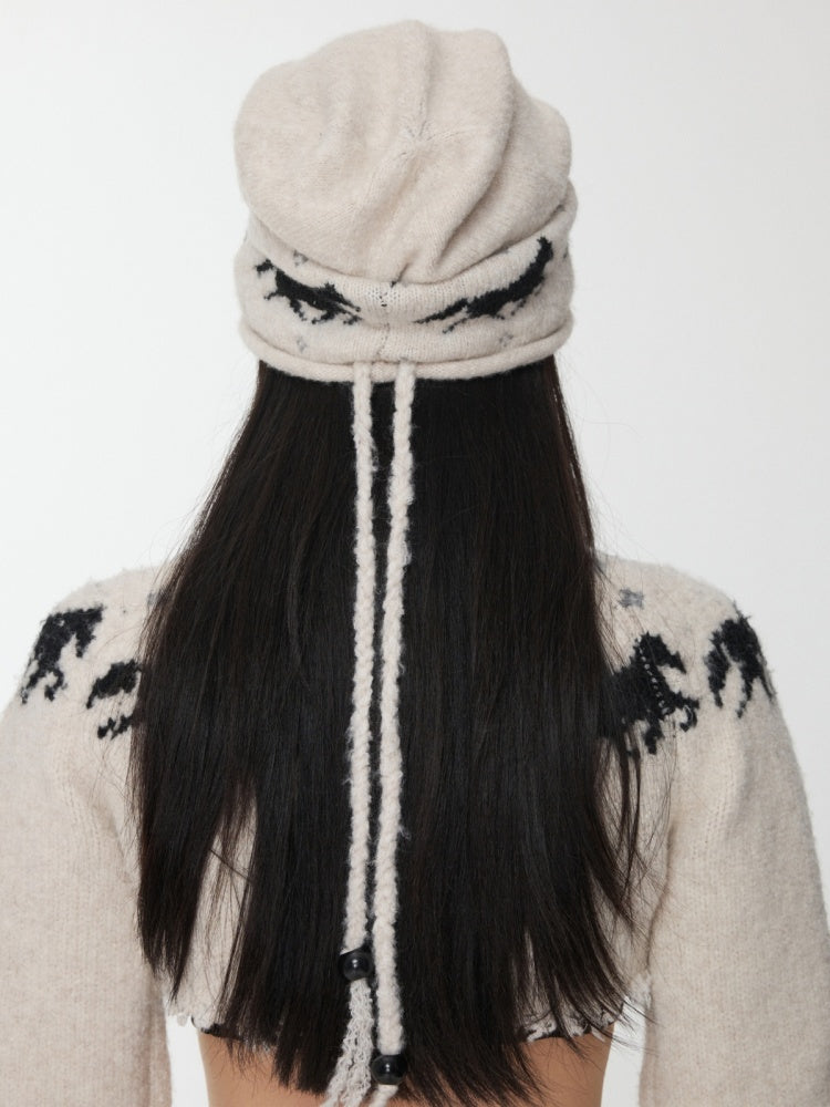 Fair Island Pony Jacquard Knit Pile Hat Female Adjustable Drawstring Cold Hat Shows Small Face【s0000014590】