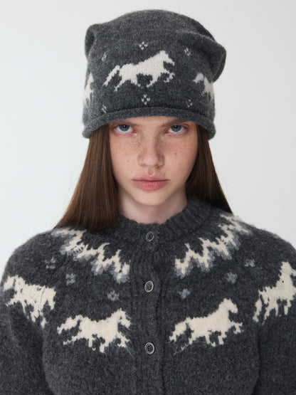 Fair Island Pony Jacquard Knit Pile Hat Female Adjustable Drawstring Cold Hat Shows Small Face【s0000014590】