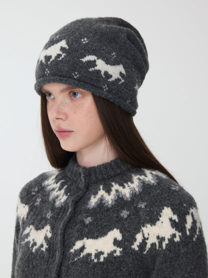 Fair Island Pony Jacquard Knit Pile Hat Female Adjustable Drawstring Cold Hat Shows Small Face【s0000014590】