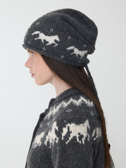 Fair Island Pony Jacquard Knit Pile Hat Female Adjustable Drawstring Cold Hat Shows Small Face【s0000014590】