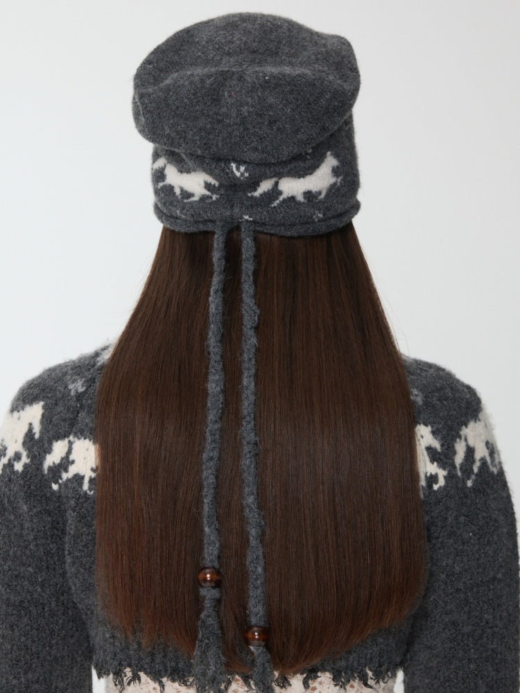 Fair Island Pony Jacquard Knit Pile Hat Female Adjustable Drawstring Cold Hat Shows Small Face【s0000014590】