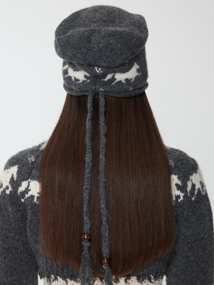 Fair Island Pony Jacquard Knit Pile Hat Female Adjustable Drawstring Cold Hat Shows Small Face【s0000014590】