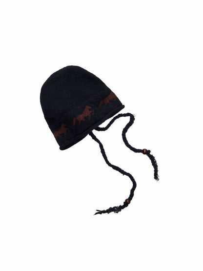 Fair Island Pony Jacquard Knit Pile Hat Female Adjustable Drawstring Cold Hat Shows Small Face【s0000014590】