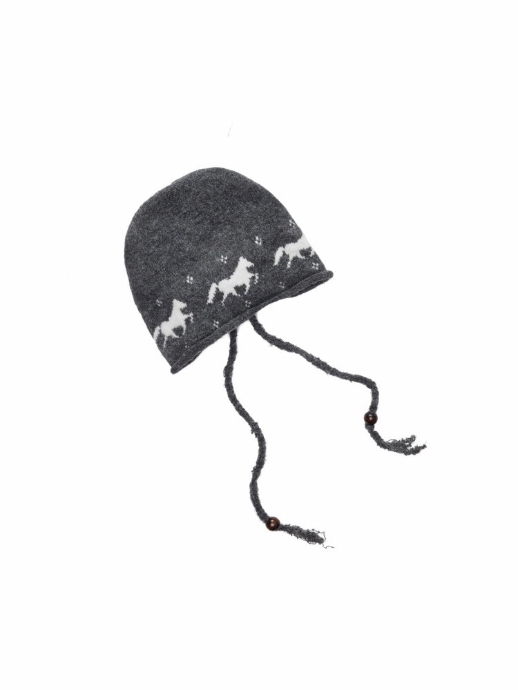 Fair Island Pony Jacquard Knit Pile Hat Female Adjustable Drawstring Cold Hat Shows Small Face【s0000014590】
