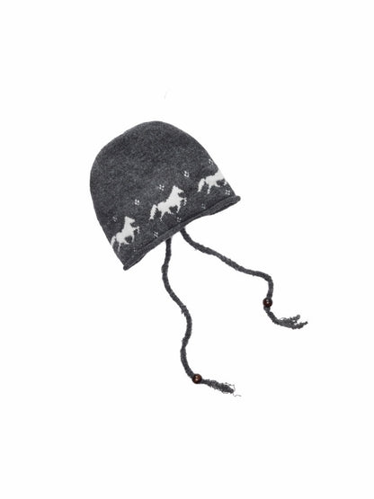 Fair Island Pony Jacquard Knit Pile Hat Female Adjustable Drawstring Cold Hat Shows Small Face【s0000014590】