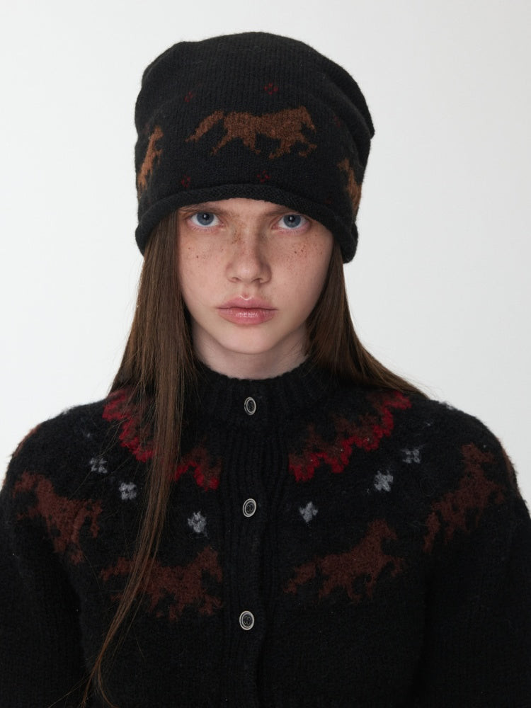 Fair Island Pony Jacquard Knit Pile Hat Female Adjustable Drawstring Cold Hat Shows Small Face【s0000014590】