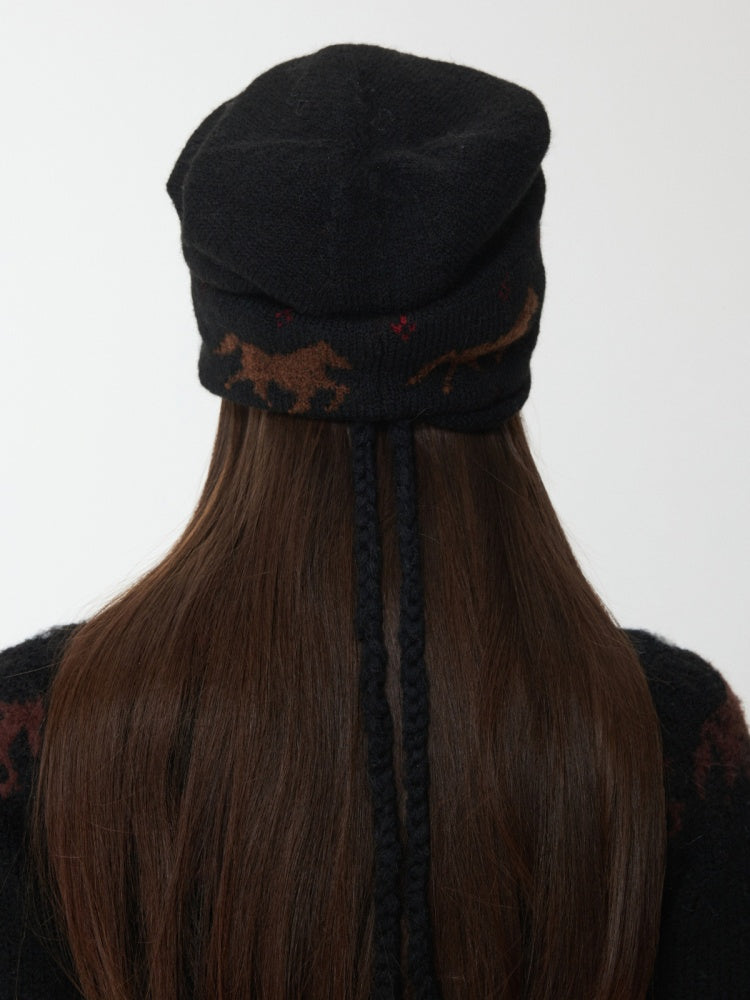 Fair Island Pony Jacquard Knit Pile Hat Female Adjustable Drawstring Cold Hat Shows Small Face【s0000014590】