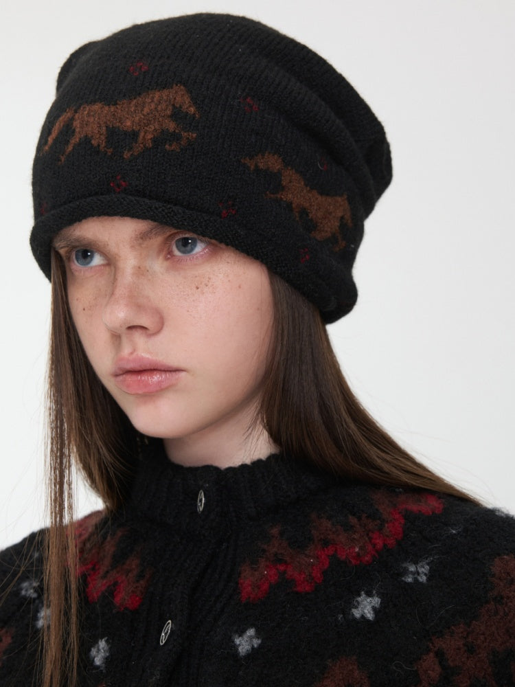 Fair Island Pony Jacquard Knit Pile Hat Female Adjustable Drawstring Cold Hat Shows Small Face【s0000014590】