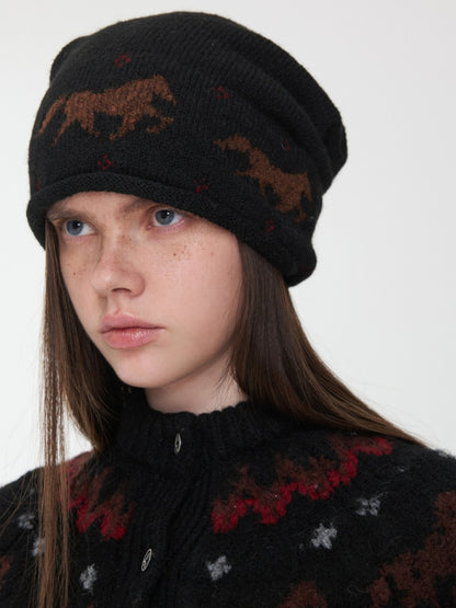 Fair Island Pony Jacquard Knit Pile Hat Female Adjustable Drawstring Cold Hat Shows Small Face【s0000014590】