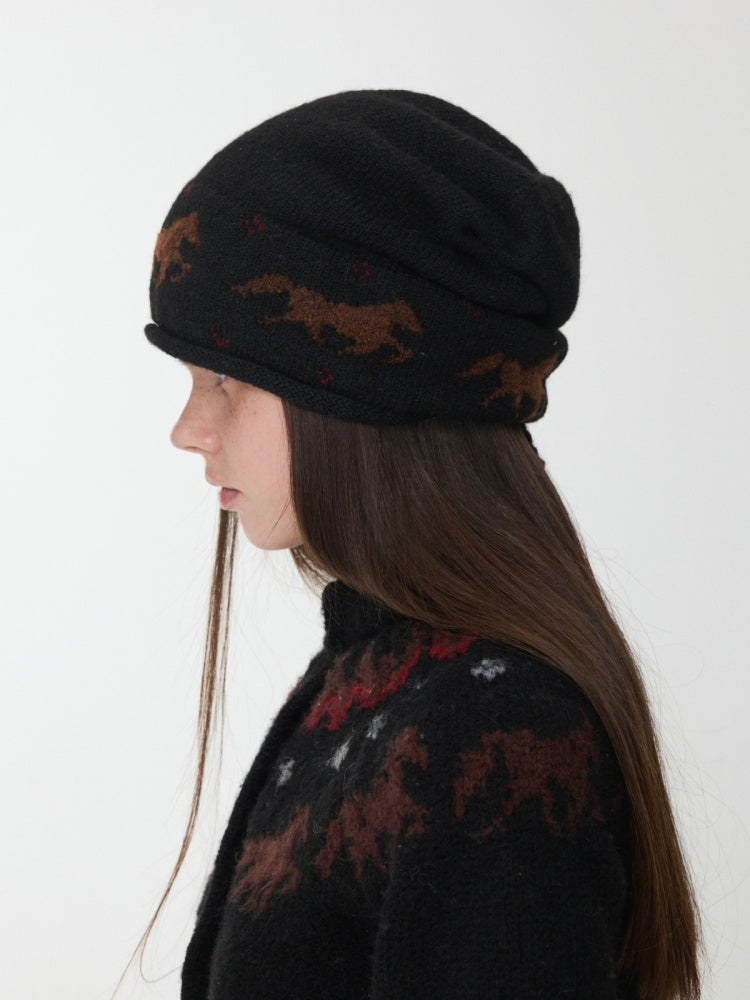 Fair Island Pony Jacquard Knit Pile Hat Female Adjustable Drawstring Cold Hat Shows Small Face【s0000014590】