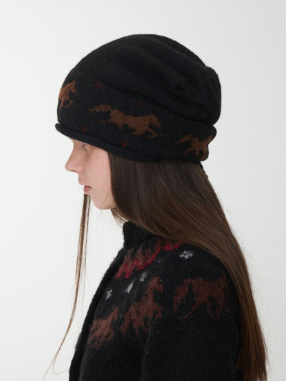 Fair Island Pony Jacquard Knit Pile Hat Female Adjustable Drawstring Cold Hat Shows Small Face【s0000014590】