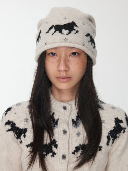 Fair Island Pony Jacquard Knit Pile Hat Female Adjustable Drawstring Cold Hat Shows Small Face【s0000014590】