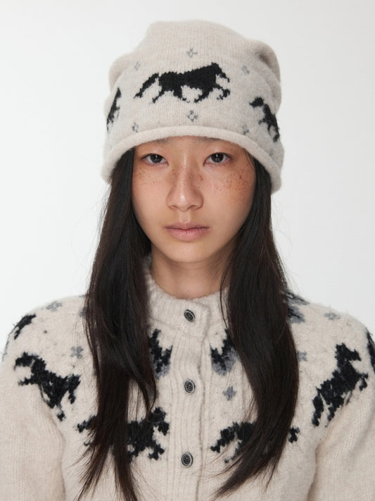 Fair Island Pony Jacquard Knit Pile Hat Female Adjustable Drawstring Cold Hat Shows Small Face【s0000014590】