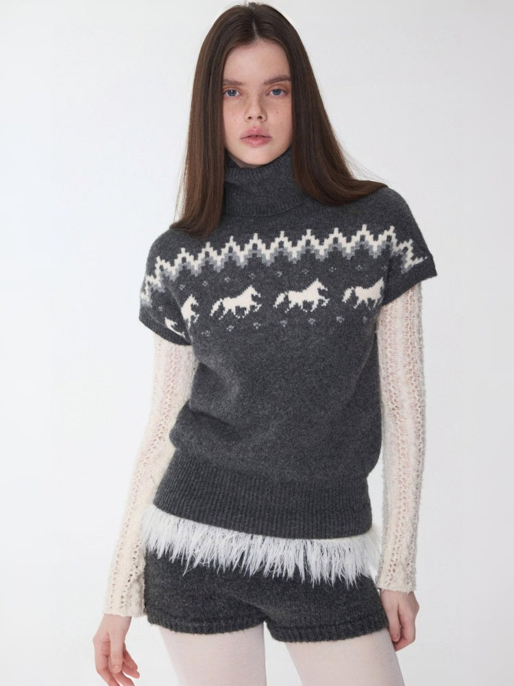 Fair Isle Pony Pullover Knit Turtle Neck Jacquard Short Sleeve Sweater Layered Top【s0000014591】
