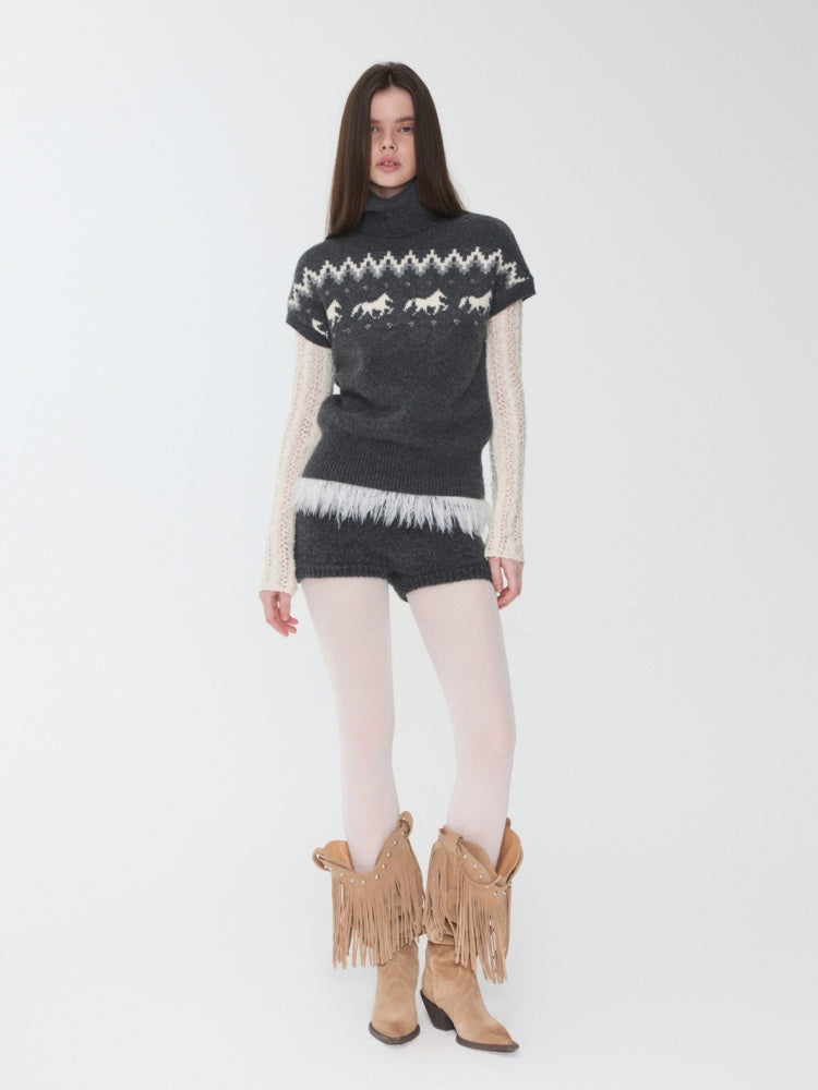 Fair Isle Pony Pullover Knit Turtle Neck Jacquard Short Sleeve Sweater Layered Top【s0000014591】