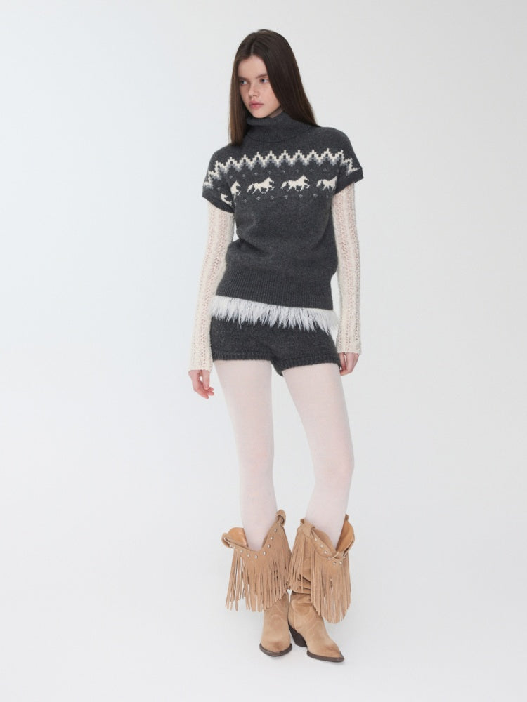 Fair Isle Pony Pullover Knit Turtle Neck Jacquard Short Sleeve Sweater Layered Top【s0000014591】