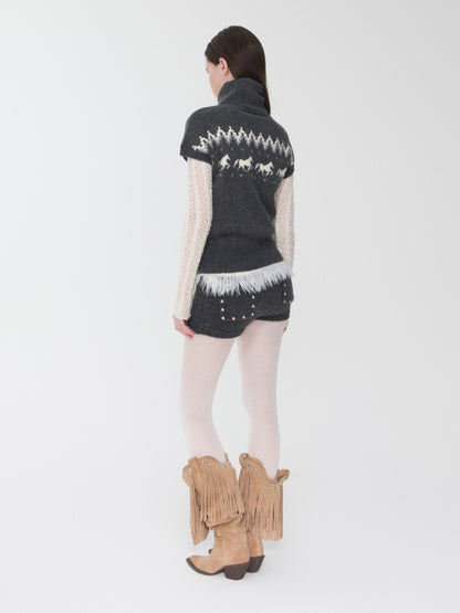 Fair Isle Pony Pullover Knit Turtle Neck Jacquard Short Sleeve Sweater Layered Top【s0000014591】