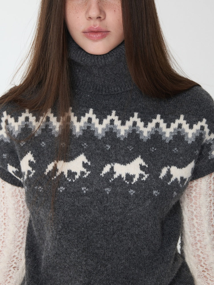 Fair Isle Pony Pullover Knit Turtle Neck Jacquard Short Sleeve Sweater Layered Top【s0000014591】