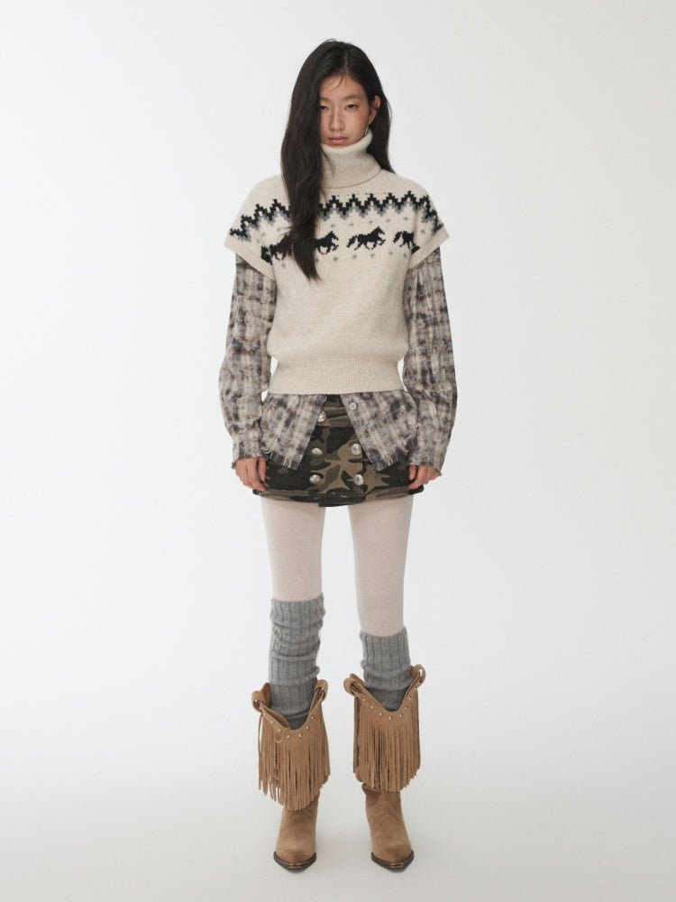 Fair Isle Pony Pullover Knit Turtle Neck Jacquard Short Sleeve Sweater Layered Top【s0000014591】