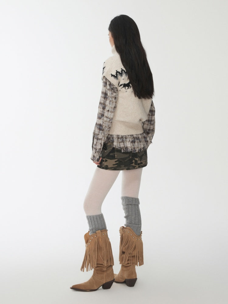 Fair Isle Pony Pullover Knit Turtle Neck Jacquard Short Sleeve Sweater Layered Top【s0000014591】