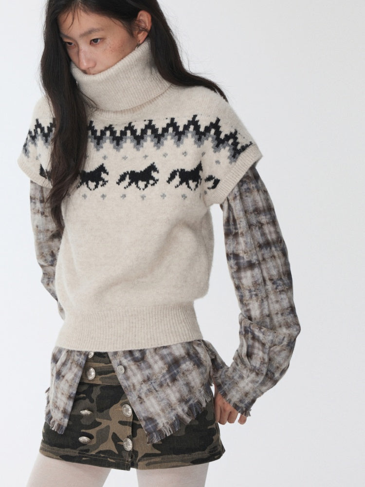 Fair Isle Pony Pullover Knit Turtle Neck Jacquard Short Sleeve Sweater Layered Top【s0000014591】