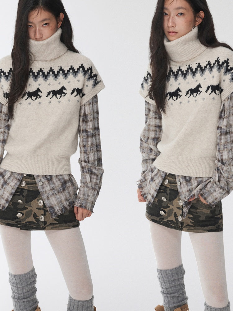 Fair Isle Pony Pullover Knit Turtle Neck Jacquard Short Sleeve Sweater Layered Top【s0000014591】