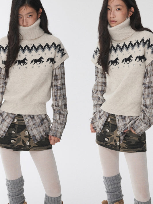 Fair Isle Pony Pullover Knit Turtle Neck Jacquard Short Sleeve Sweater Layered Top【s0000014591】