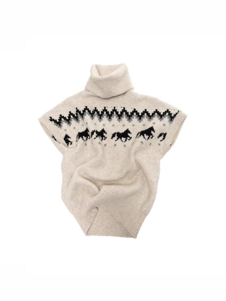 Fair Isle Pony Pullover Knit Turtle Neck Jacquard Short Sleeve Sweater Layered Top【s0000014591】